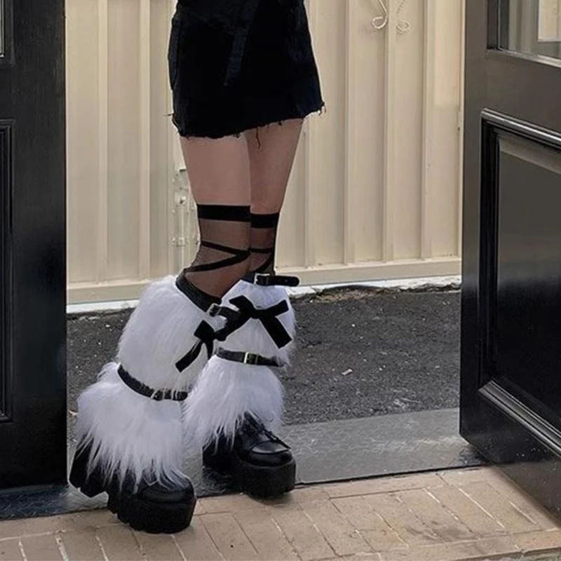 Fuzzy Boot Cuffs Leg Warmer for Women Harajuku Punk Bowknot Furry Plush Leg Cover Leg Gaiters with Buckle Belt Stockings 15UB