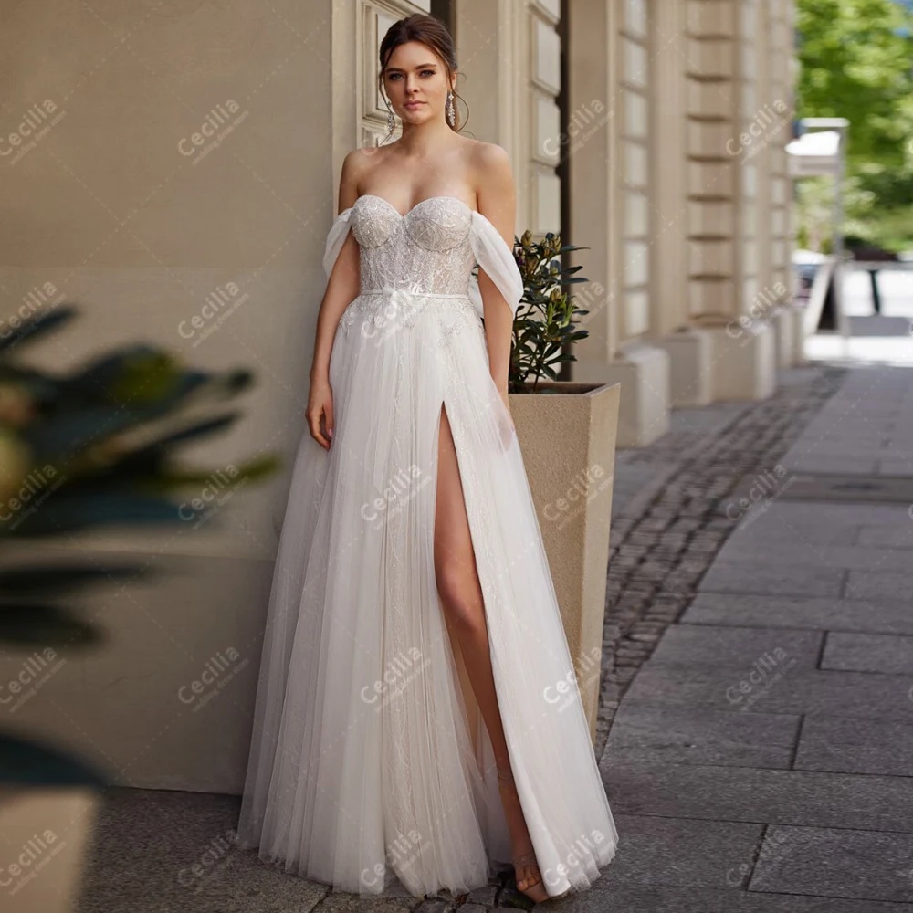 

Vintage Wedding Dresses A-Line Tulle Tiered Bridal Gowns Off The Shoulder Robes High Slit Floor Length Vestidos De Novia 2024