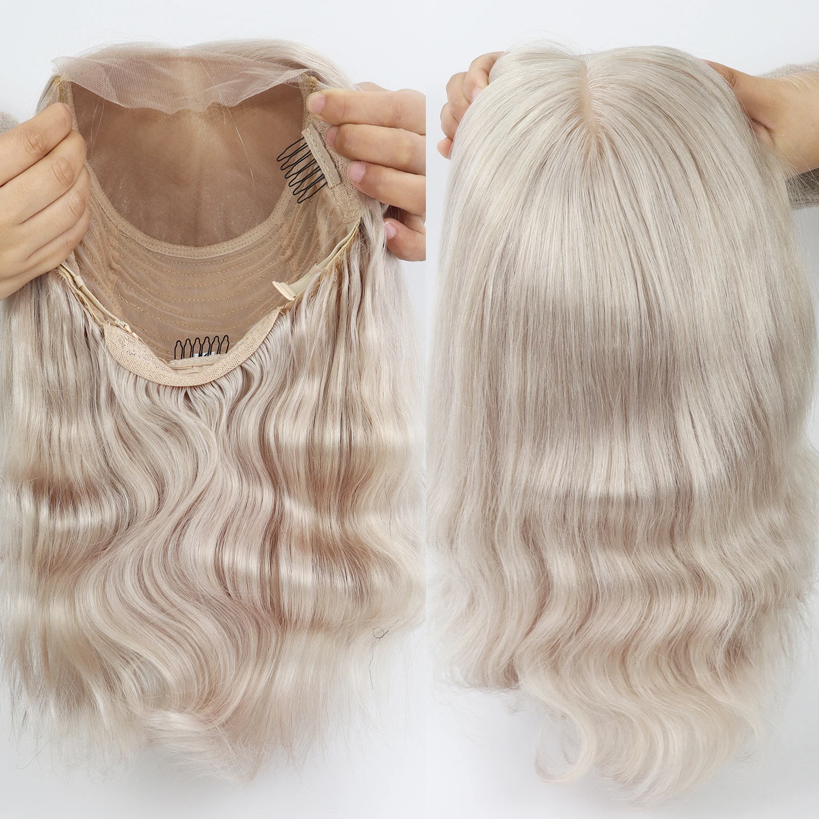 #60 Platinum Blonde Silk Base Body Wave Wig 14 inch Virgin European Human Hair Wig for Women Silk Top with Clips in