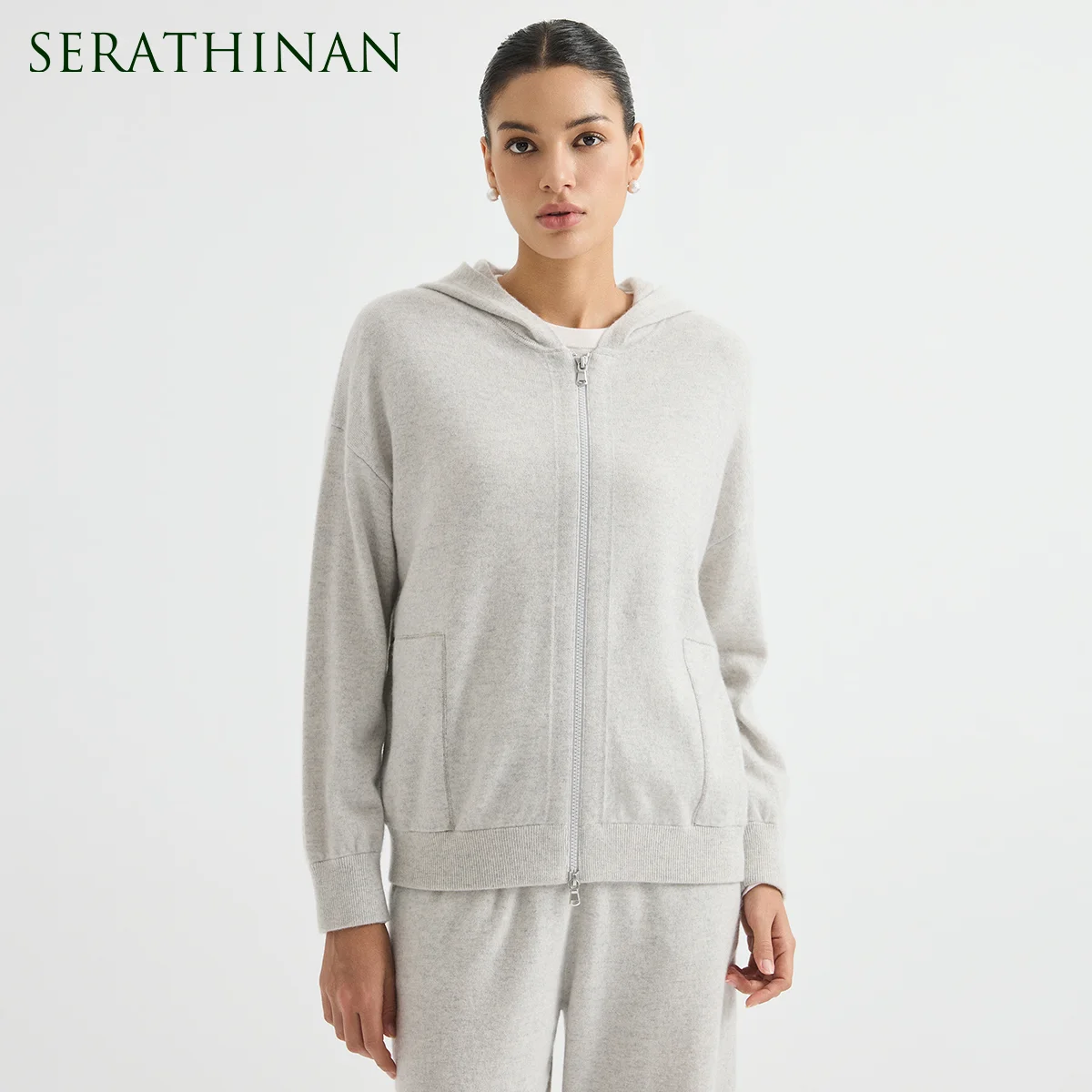BY4621761 Women's 100% Cashmere Hoodie Full-Zip Relaxed Long Sleeve Pocket Edge Chain Trim Soft Timeless Early Autumn Fall
