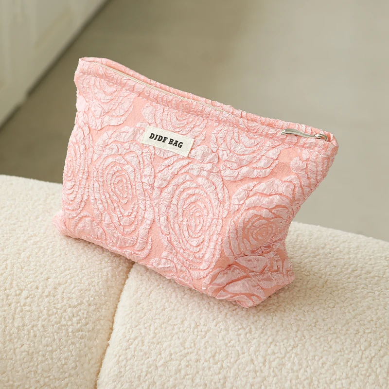 Borsa per il trucco femminile con fiore rosa borsa da toilette da viaggio portatile borsa per il cambio di cosmetici di grande capacità pochette per