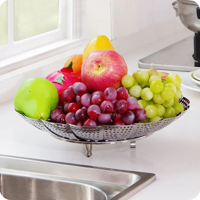 Silver Stainless Steel Retractable Folding Steamer Plate Multifunctional Food Steamer Vegetable Fruit Basket