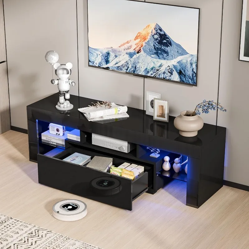 LED TV Stand, 51'' Modern Entertainment Center with LED Lights and Storage for 40/43/50/55 Inch TV (Black, 51'' x 14'' x 16'')