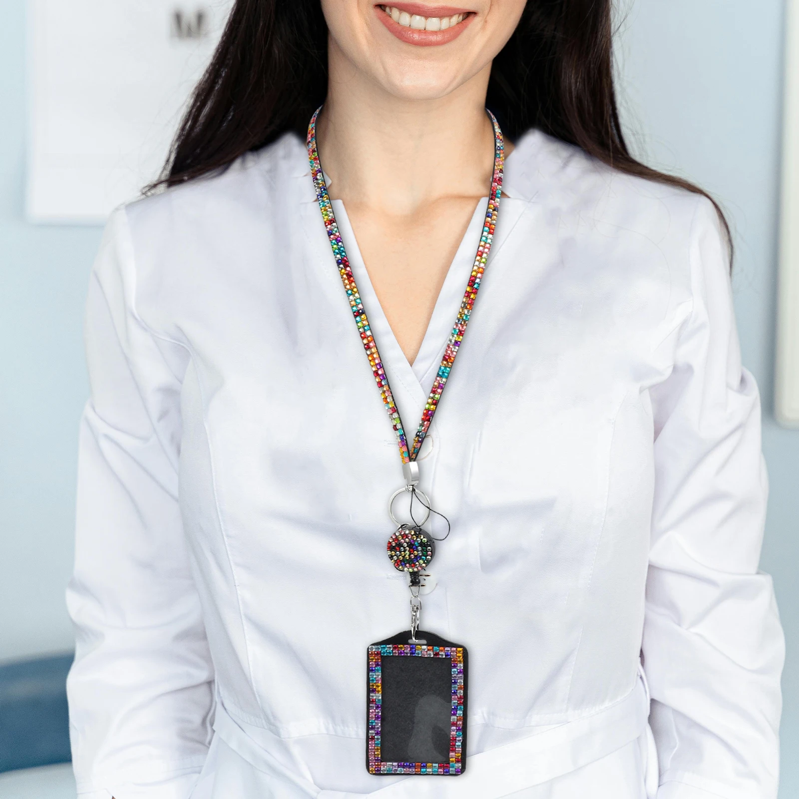 Crystal Rhinestone Lanyard Id Card Hanging Rope Badge Holder with Shiny Design Protector