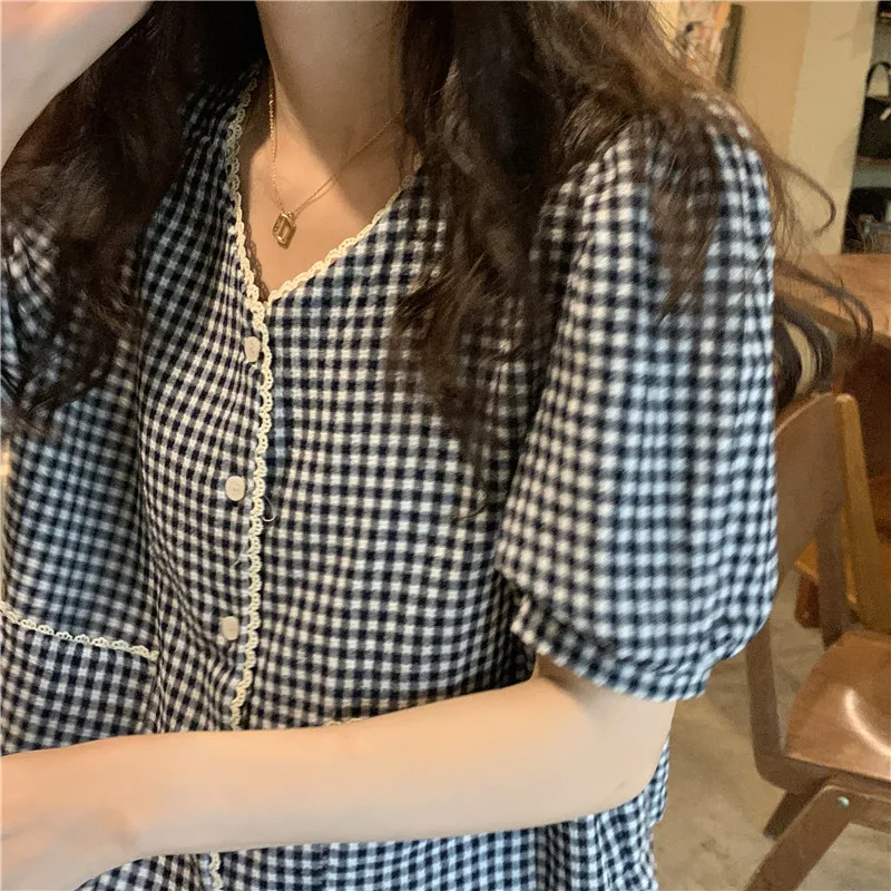 

Slimming Plaid ort Sve Women's irt Fre Fraance Sle Summer New Arrival Ele Design Casual Faionable Top