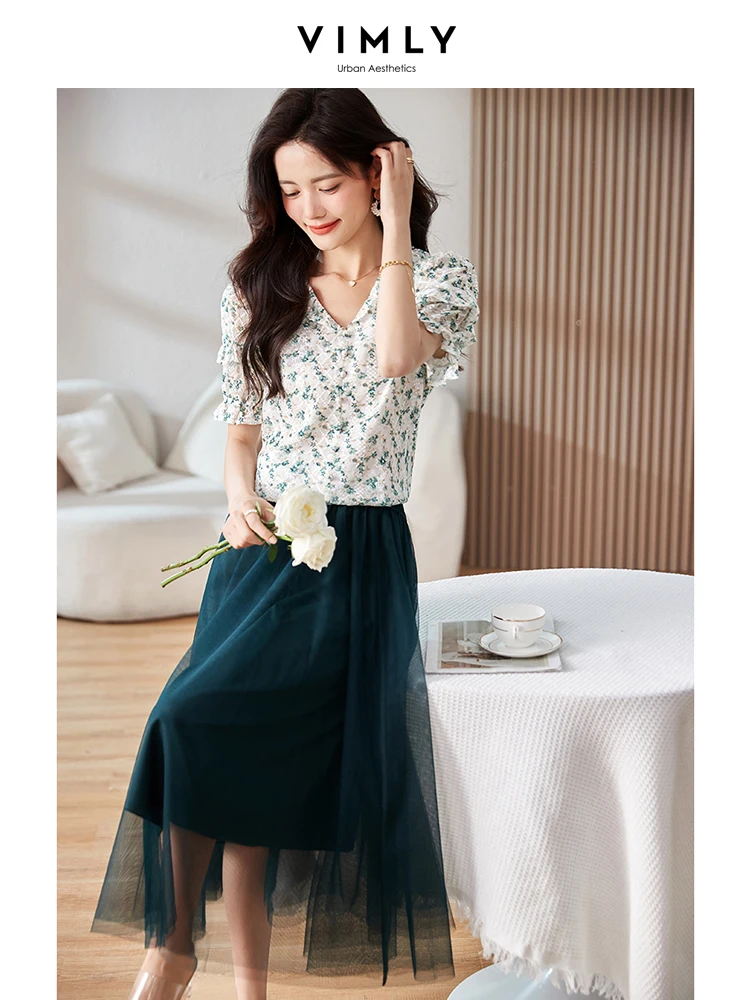 Vimly Summer Outfits Floral Embroidery Chiffon Blouse and Elastic Waist Mesh Midi Skirt 2024 Female 2 Piece Clothing Sets V8526