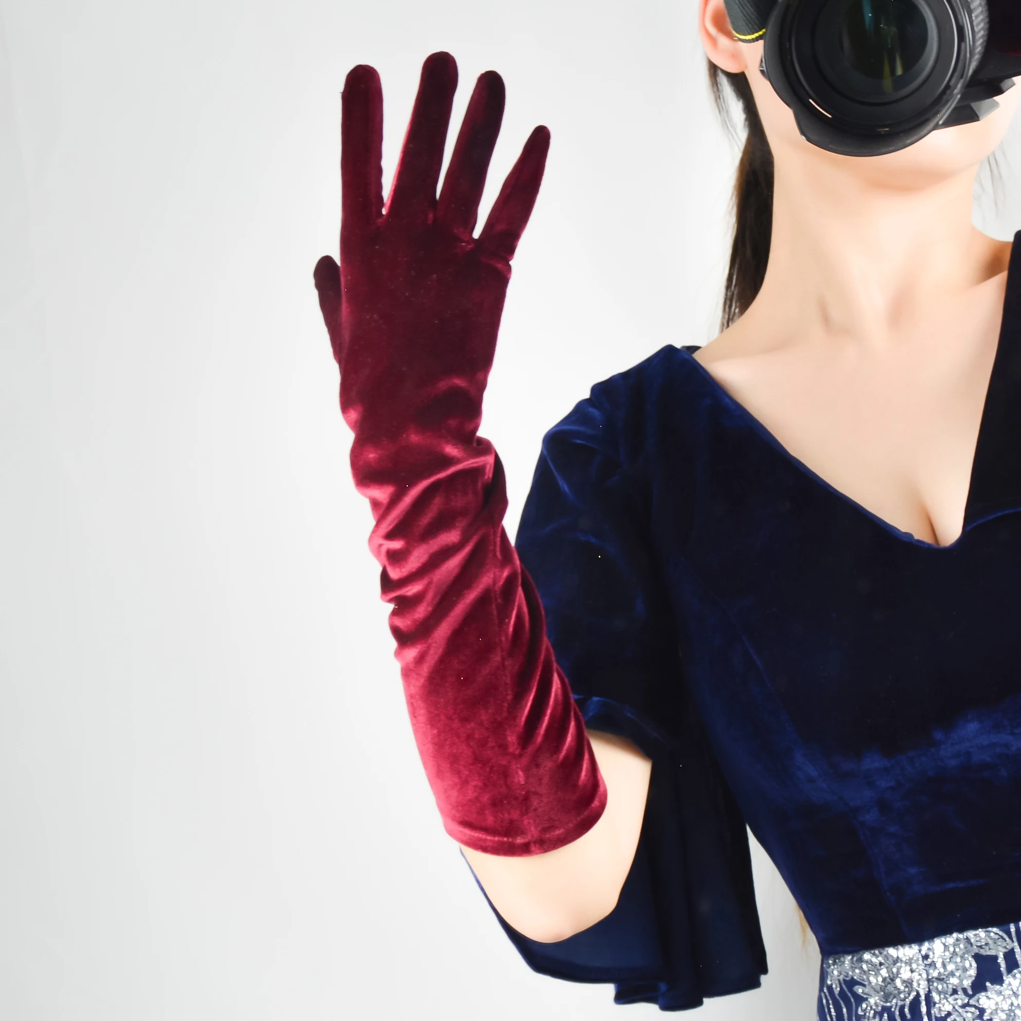 60 cm lange Samthandschuhe für Damen, elastischer Velours, Flanell, lila, thermisch, elegante Armstulpen, sexy Vintage-Mode, 1920er Abendmode – Detail 7