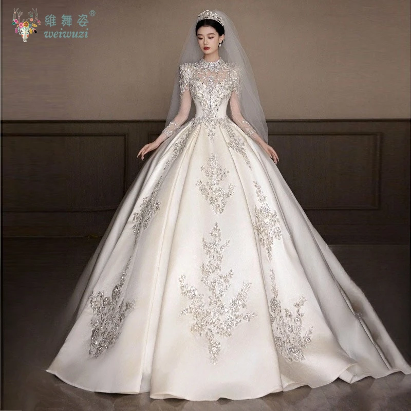 

New Pretty Shiny Wedding Dress Long Sleeve Lace Up Luxury Satin High Neck Crystal Sequined Gown Ceremony Advanced Textured Party