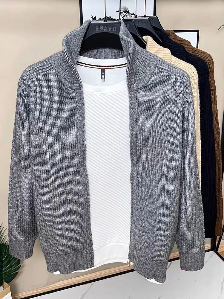 Cárdigan de punto con cremallera de alta calidad para hombre, abrigo de cuello alto, suéter informal cálido, diseño de marca coreana, moda de otoño e invierno