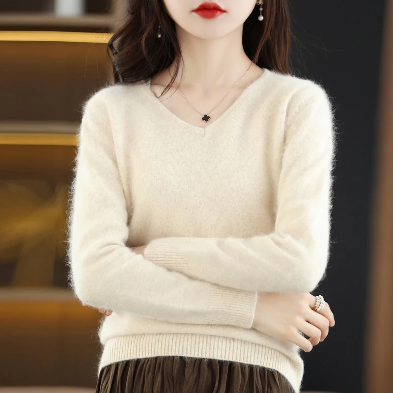 2024 Autumn Winter New Mink Cashmere Sweater Women\'s V-Neck Knitted Base SweaterPpullover Long Sleeved Warm And Simple Top Loose