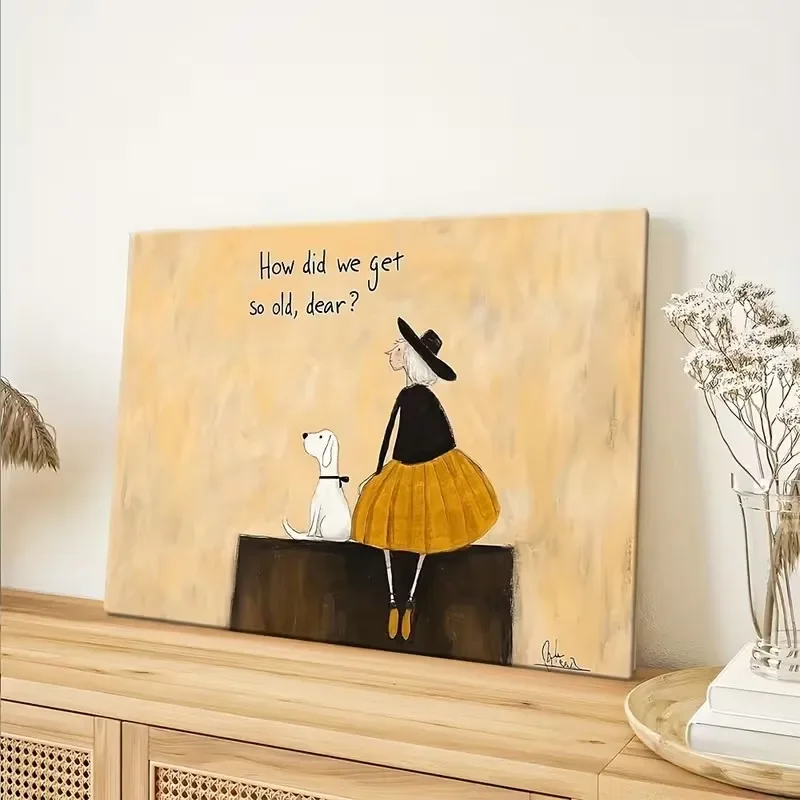 Multiple sizes 1pc frameless Canvas Painting,Woman and Her Dog Are Sitting on A Bench Poster and Prints Canvas Painting Wall Art