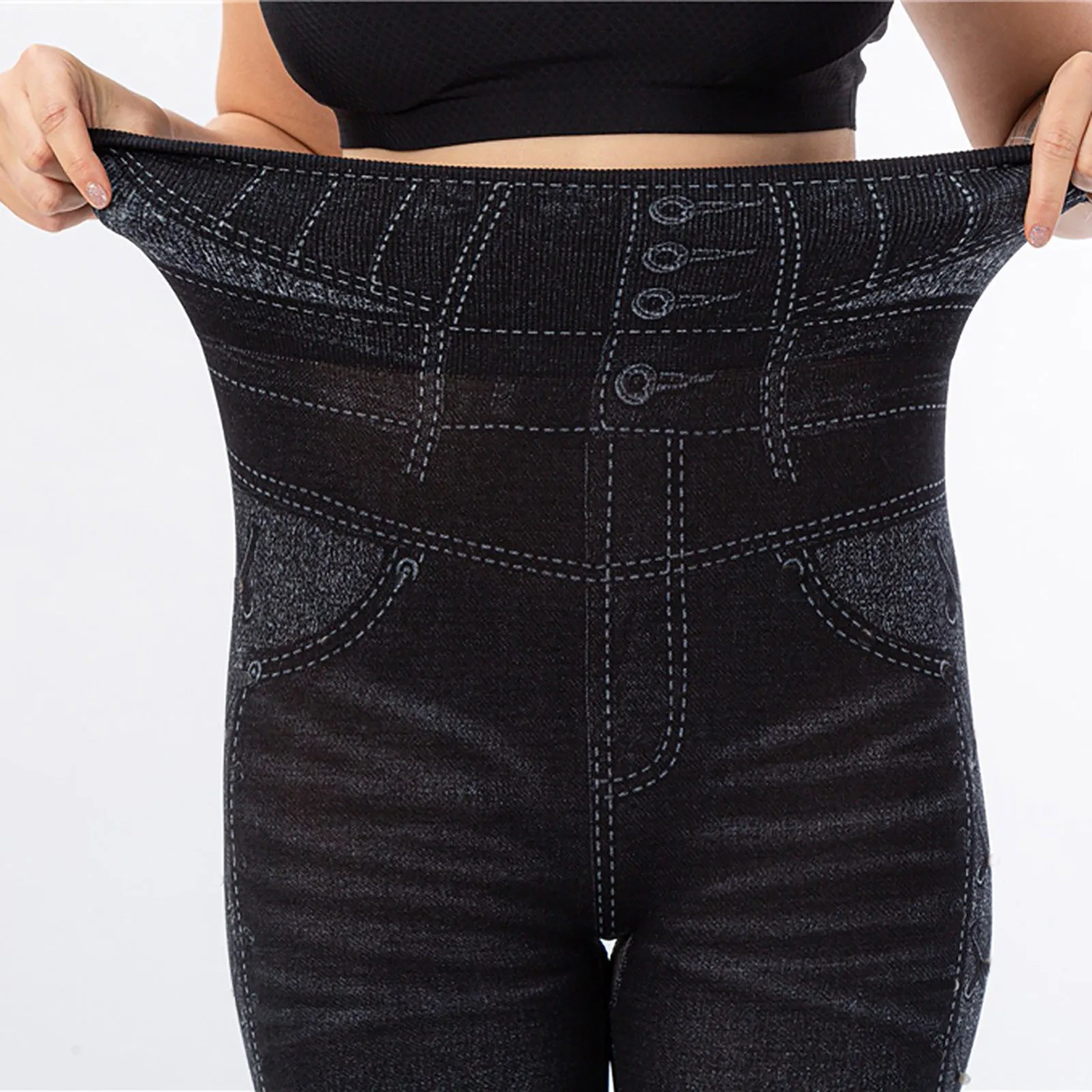 Celana legging Jeans wanita, Jeans elastis musim dingin motif garis imitasi pinggang tinggi Vantage sweatpantalon Fitness