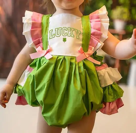 Baby Girls Spring Irish Romper Shamrock Letter Embroidery Flying Sleeve Square Neck Jumpsuit Sweet Baby Bodysuits