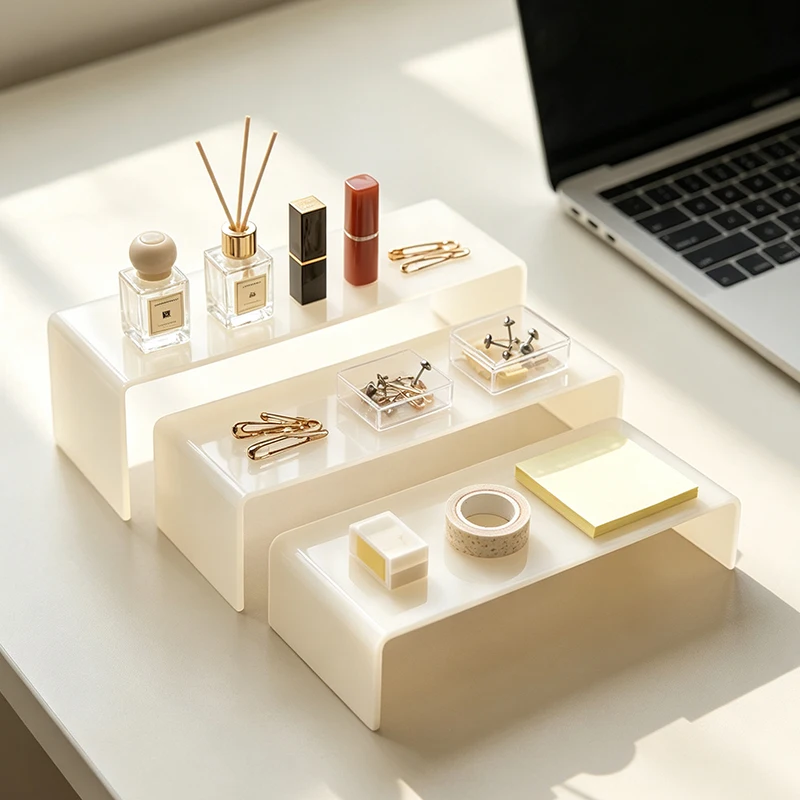White U-Shaped Display Stand 3-Piece Set, Desktop Tiered Storage Rack, Cosmetics and Perfume Display Stand, 3-Pack U-Shaped Step Display Stand, Cream White Desktop Riser, Perfume and Lipstick Organizer, Desktop Organizer Display Rack