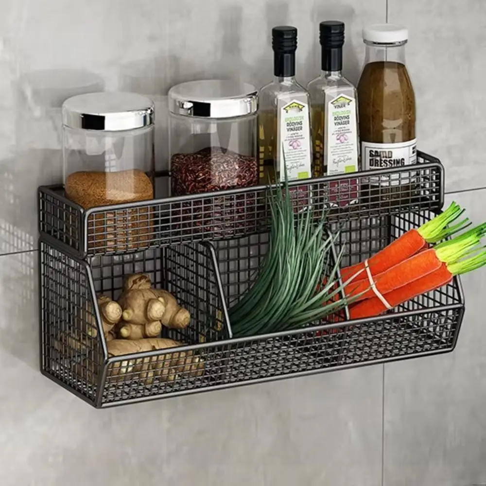 

Wall Mounted Kitchen Storage Rack 3 Grids Metal Hanging Fruits Basket Double Layer Punch free Onion Storage Wire Basket Spice