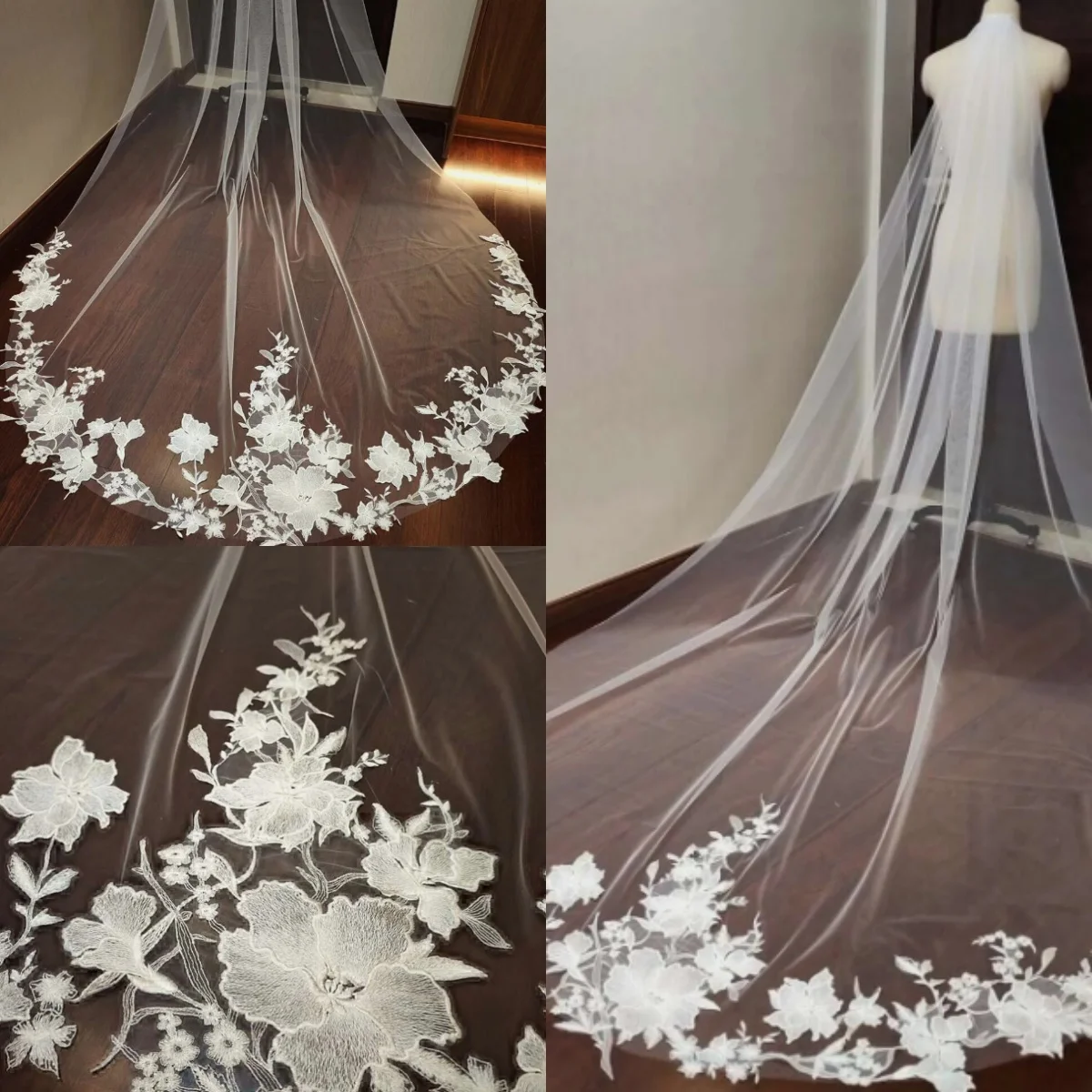 

Gorgeous White Wedding Veil Appliques Cathedral Length One Layer Bridal Veils Applique Edge For Bride Velo De Cabeza