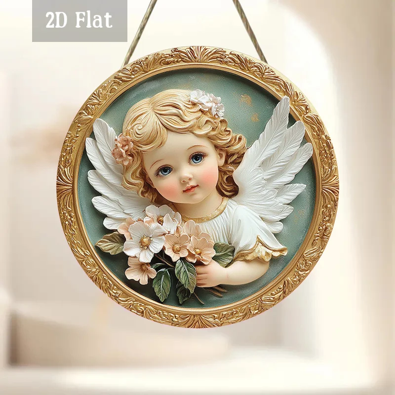 2D Flat, 1pc Vintage Angel & Cherub Wall Art - Round Wood Panel Painting with Winged Angel, Floral Accent - Wood Grain Frameless