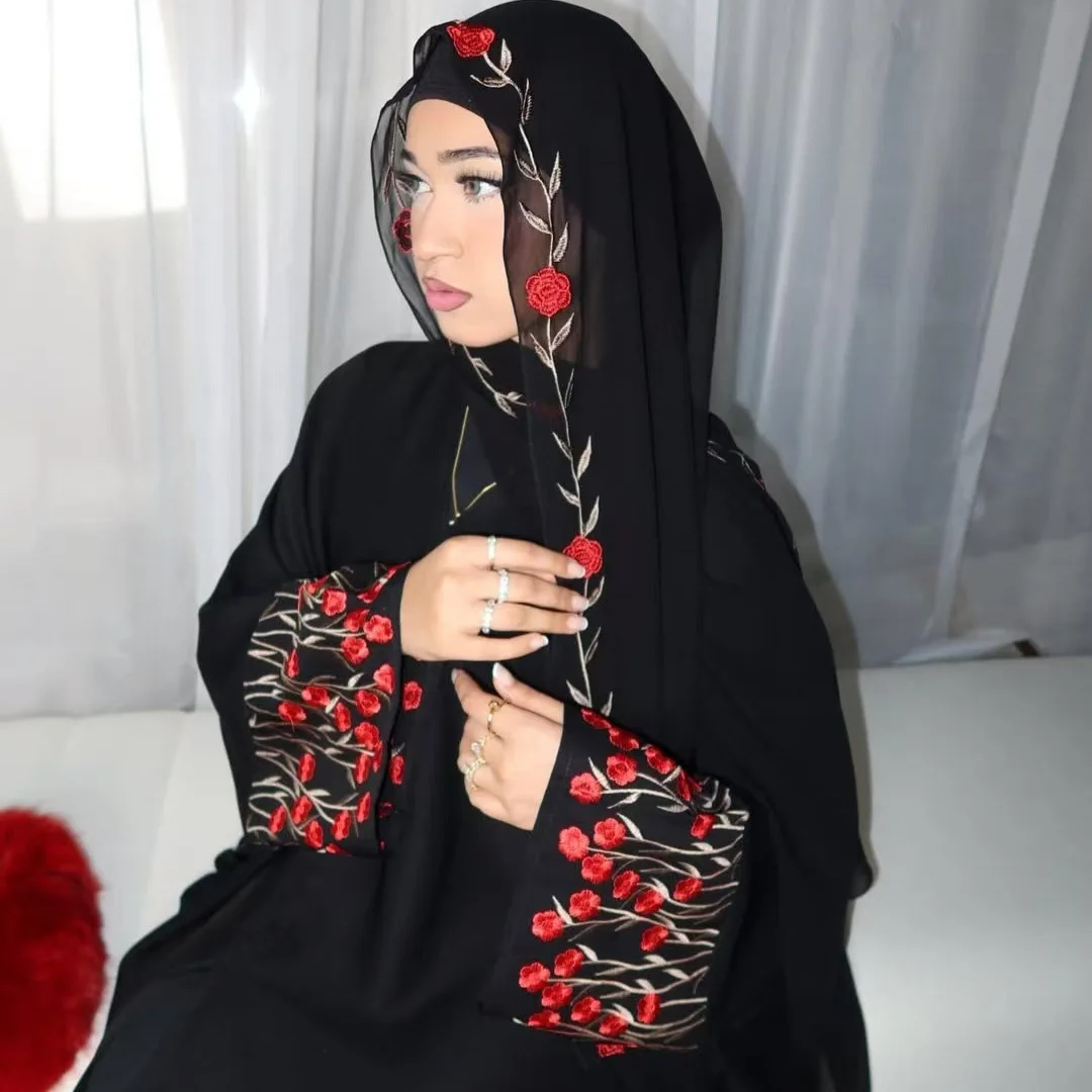 Ropa islámica Eid Dubai Abayas bordado Floral Hijab Abaya negro modesto Abaya abierto mujeres vestido musulmán Kebaya Kimono Jalabiya