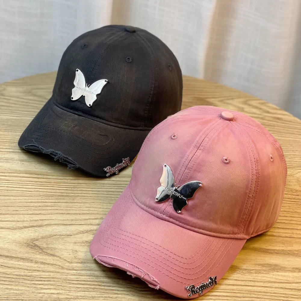 

2024 New Gradient Color Hat Spring And Autumn Girls Butterfly Decorated Soft Top Baseball Cap Men's Big Head Visor Peaked Cap