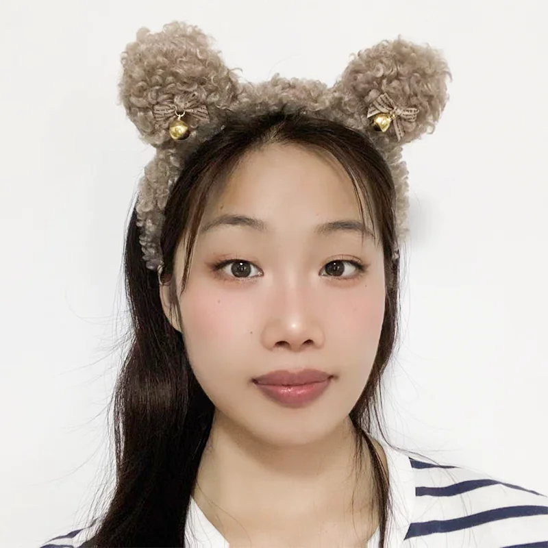 Cute Brown Bear Ears Plush Hair Bands For Women Girl Cartoon Hair Loop With Bell