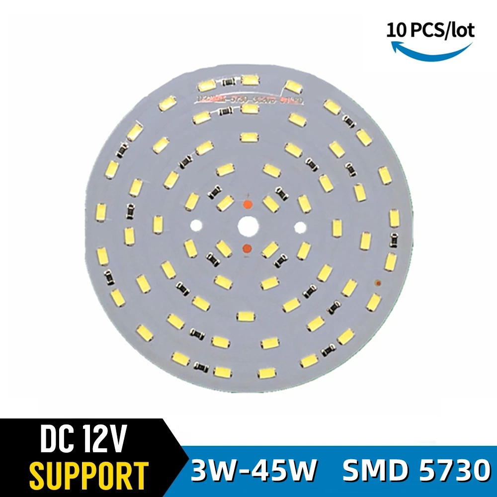 Placa de luz LED de 12V CC 5730 SMD, 3W, 5W, 9W, 15W, 21W, 30W, 45W, placa de luz sin conductor, PCB para bombilla de 12V, 10 unidades por lote