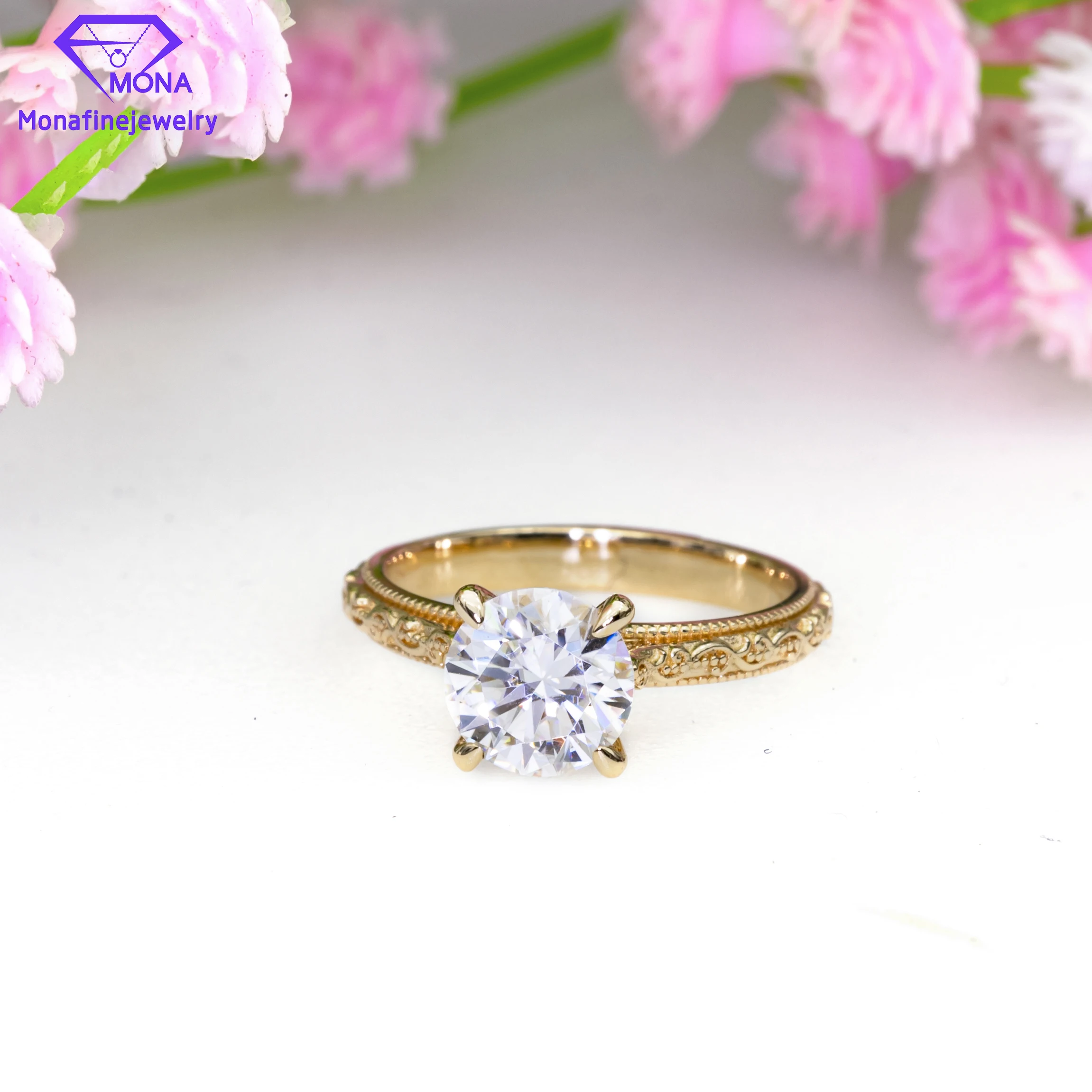 Mona Personalized Folwer Style 10k Yellow Gold 1ct 4 Prongs Setting Round Cut 6.5x6.5mm Moissanite Ring