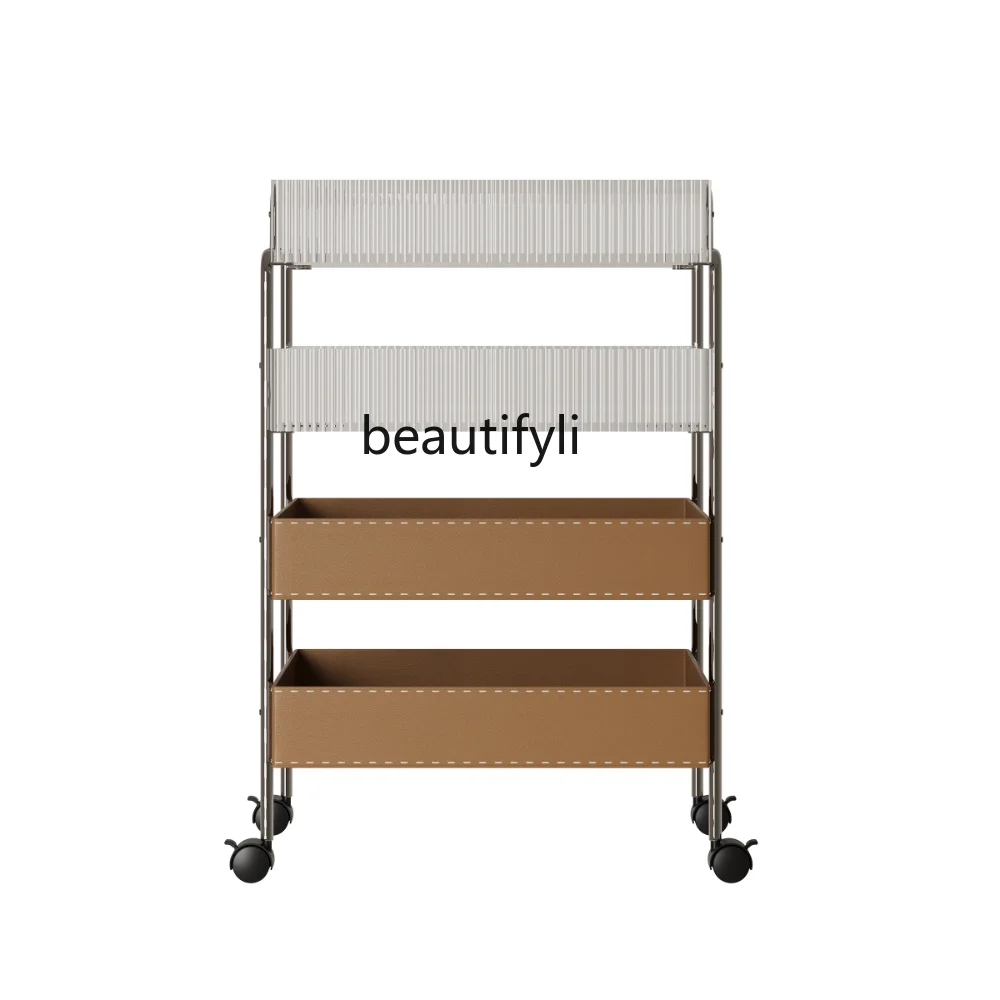 yj Simple and Light Luxury Leather Solid Wood Acrylic Trolley Sofa Side Table Trolley Multifunctional