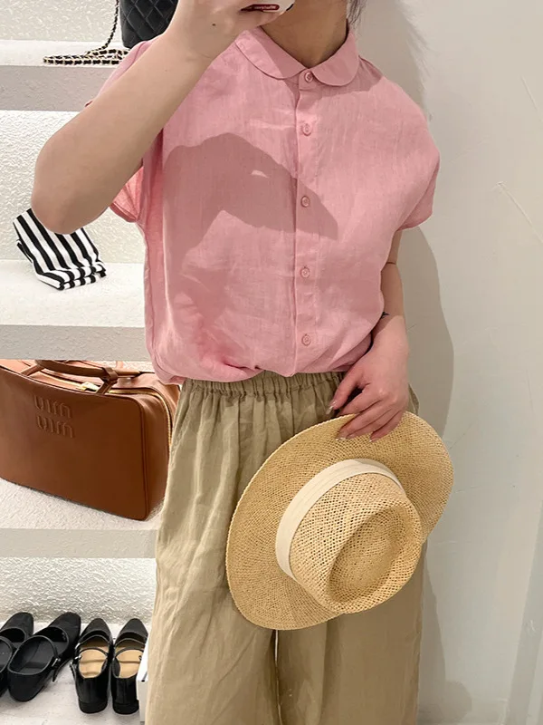 

24 summer models meta collar linen short-sleeved blouse with shoulder sleeves commuter simple versatile short paragraph shirt fe