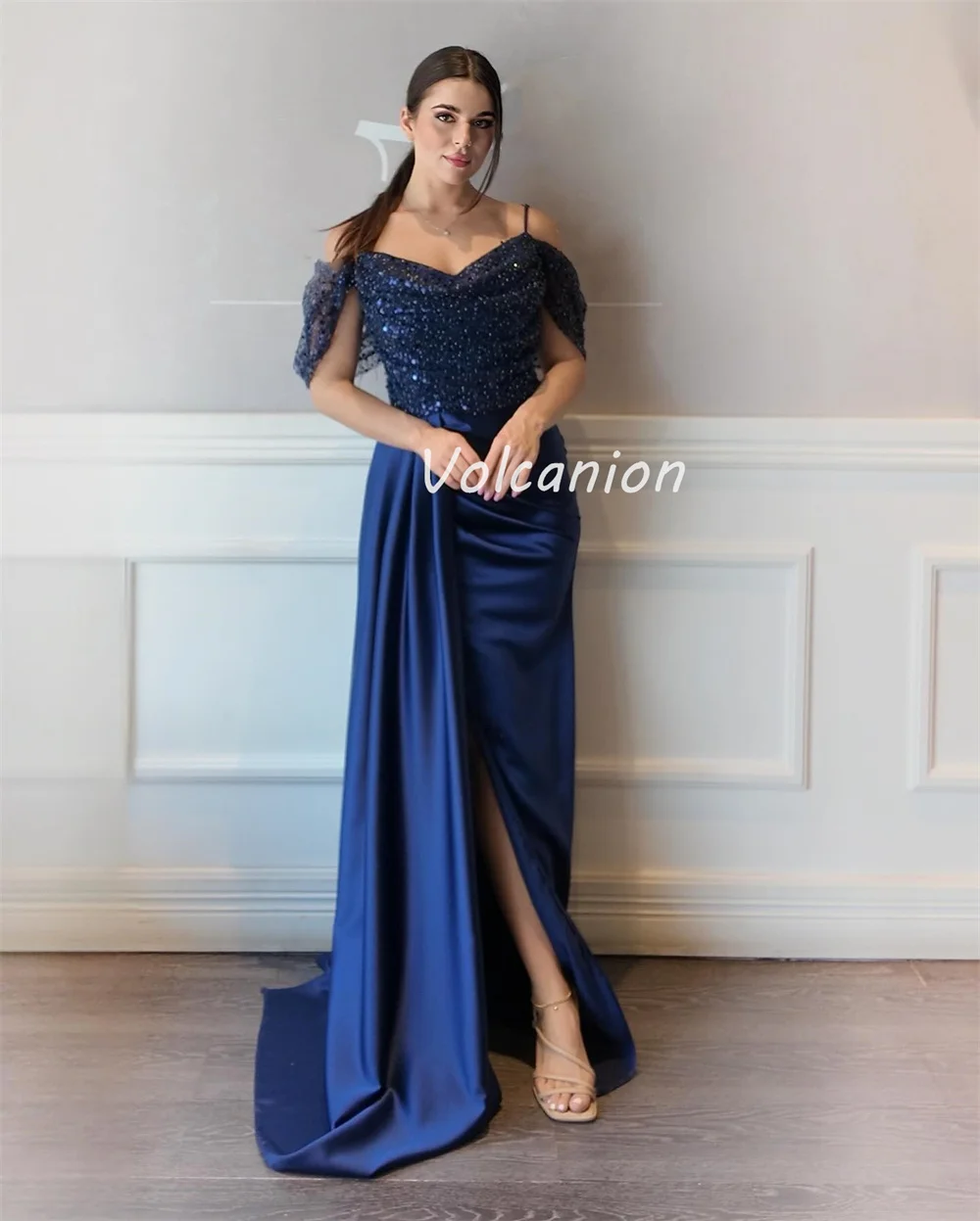 Customized Modern Style Exquisite Charmeuse Sequined Beading Column Off-the-shoulder Long Dresses Bespoke Occasion Dresses Sexy