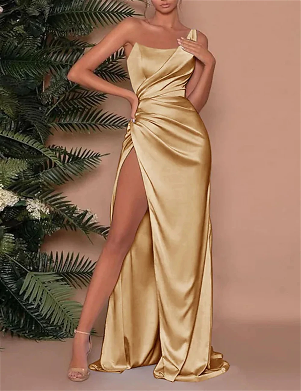 

Empire Sexy High Split Prom Dresses for Women Wedding Guest One Shoulder Sleeveless Sweep Train Charmeuse with Ruched Slit 2024