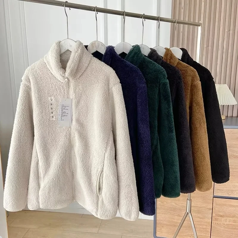 Warm Long Plush Jacket Loose Fit Stand Collar Coat for Try on Room Unisex Commute Style Zipper Closure Thickened Outerwear