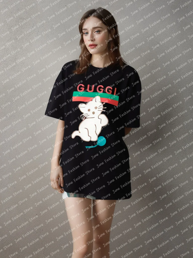 

Women's Cartoon Cat Print Tshirt Europe And America Fashion Luxury Brand Couple Clothing Hign Quality Round Neck Cotton Tshirts