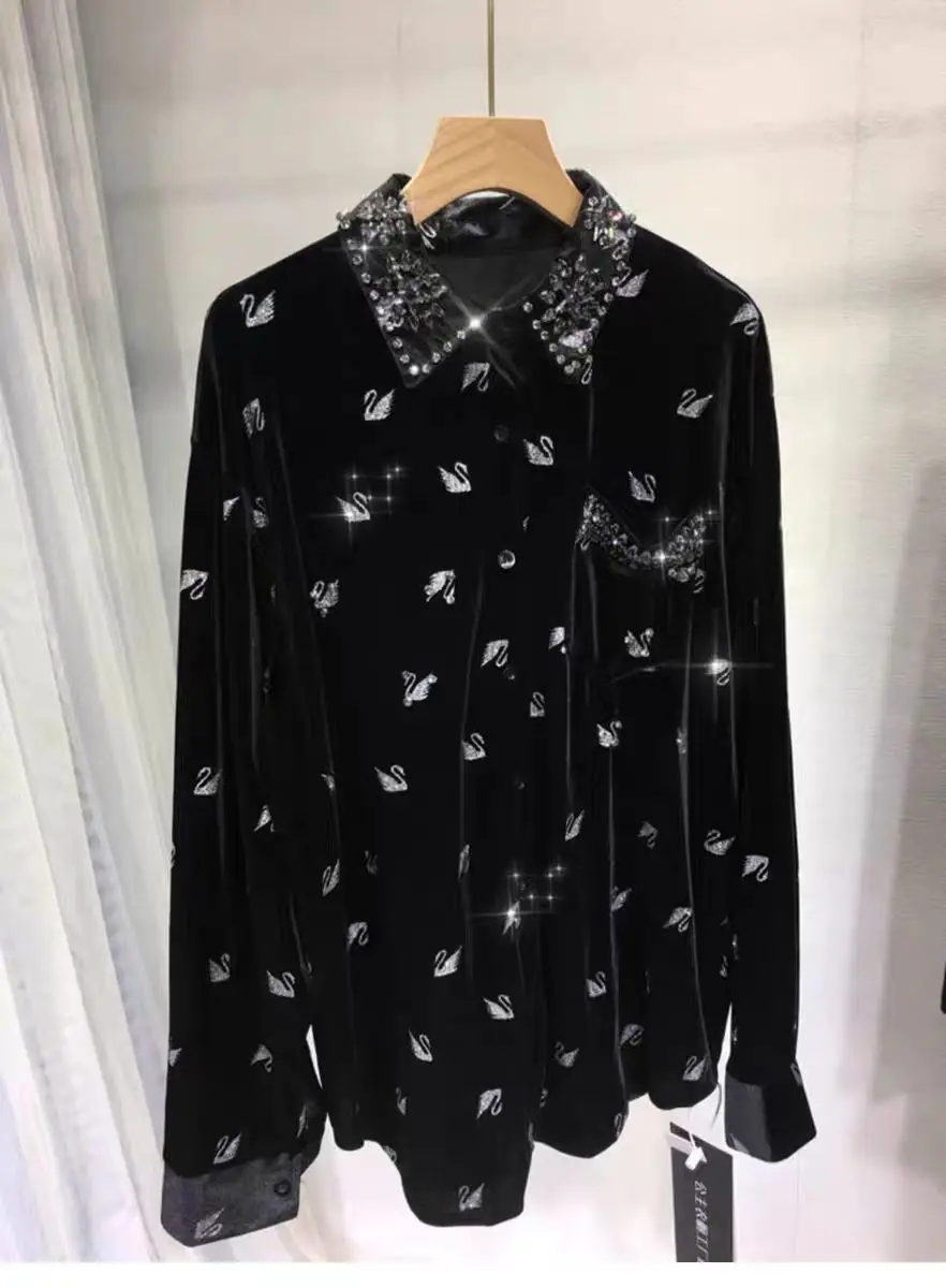 New In 2024 Autumn Diamonds Collar Hot Drilling Sparking Shirts and Blouse For Woman Black Top Blusas Women Clothes