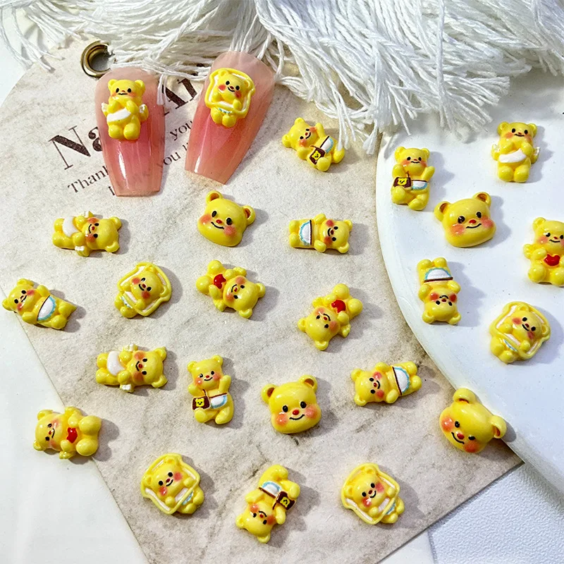 30PCS Resin Cartoon Kawaii Butter Bears Nail Art Charms Powder Blusher Heart Apron Yellow Bear Nail Decorations DIY Nail Hairpin