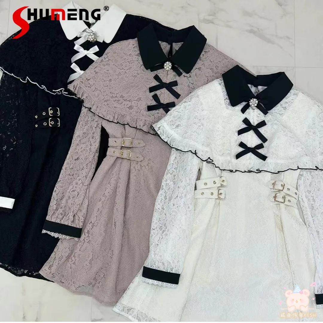 Sweet Girl Spring Lolita Lace Cloak Bow Mid Dress 2024 New Japanese Style Mine Series Mass-Produced Cute Midi Dresses Female