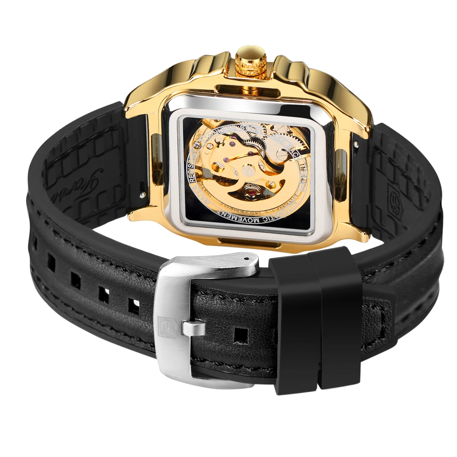 ساعة يد FORSINING للرجال كلاسيكية أنيقة ذات هيكل عظمي مربع ميكانيكية أوتوماتيكية مقاومة للماء بسوار من السيليكون رياضية طبق الأصل #2