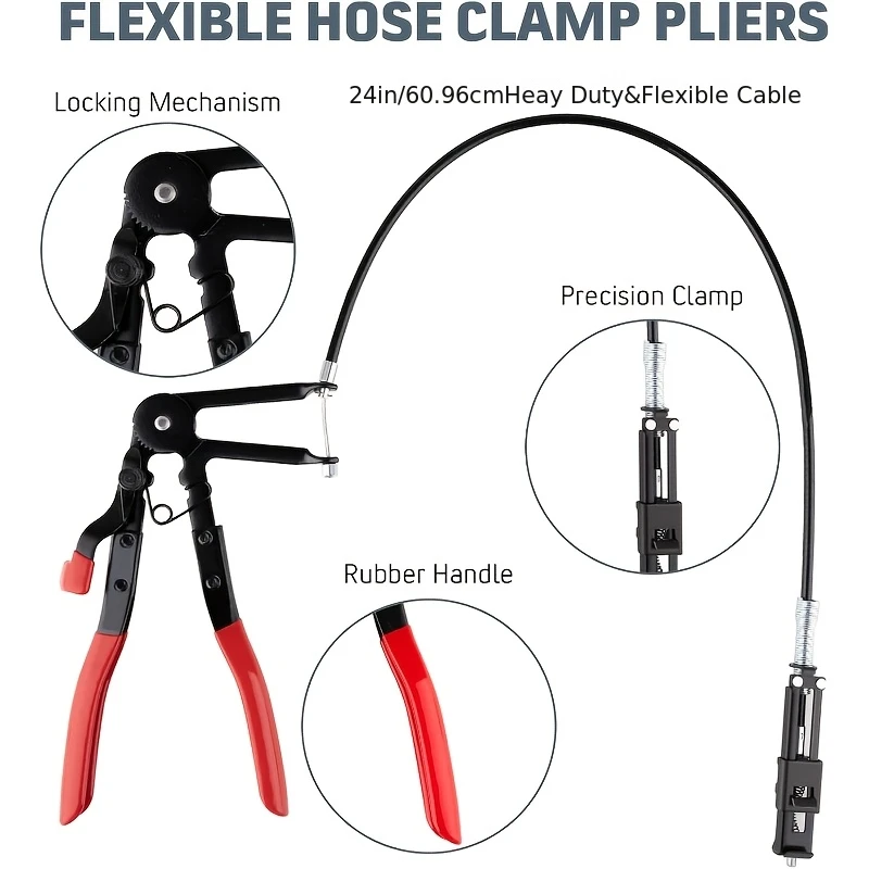 Long-Handle Hose Clamp Pliers Set, Red - Flexible Flat-Band Clamps for Fuel/Water Pipes, Radiators & Heaters, 11/16" to 2-1/2" Reach, Ideal for Car/Truck/Motorcycle Engine Repairs, Automotive Maintenance Tools|Flexible Clamp Design|Durable Construction