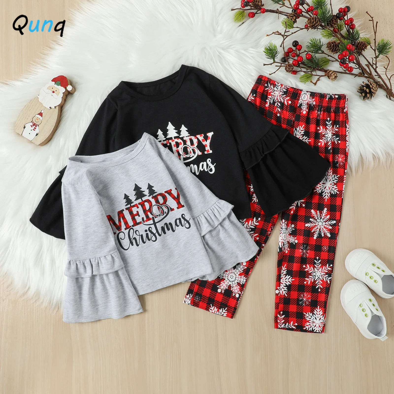 

Qunq 2022 Autumn/winter New Girls Trumpet Sleeve Top + Plaid Leggings 2 Pieces Set Christmas Casual Kids Clouthes Age 3T-8T