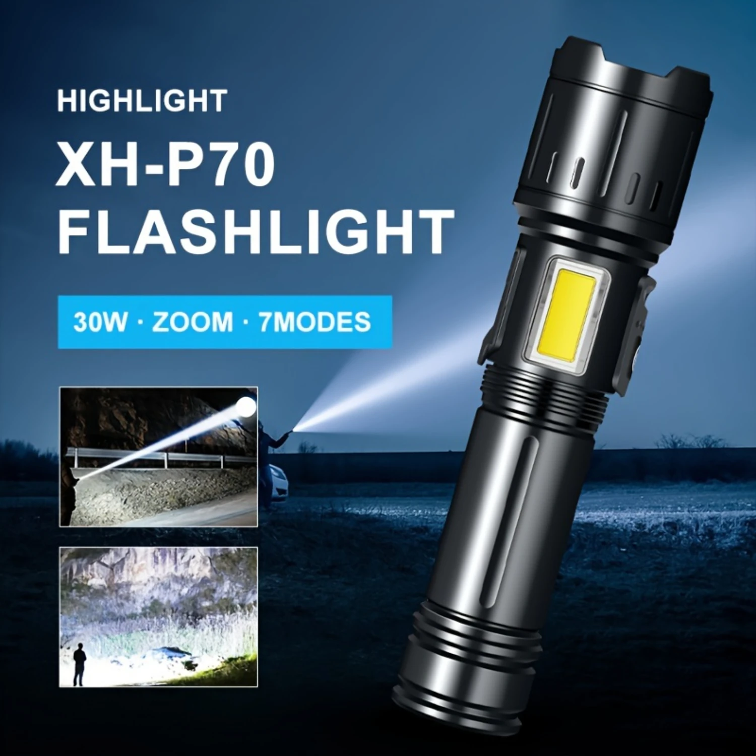 

A Portable LED Flashlight With Long Battery Life And 7 Different Lighting Modes, Including COB And Red Light. It Can Adjust The