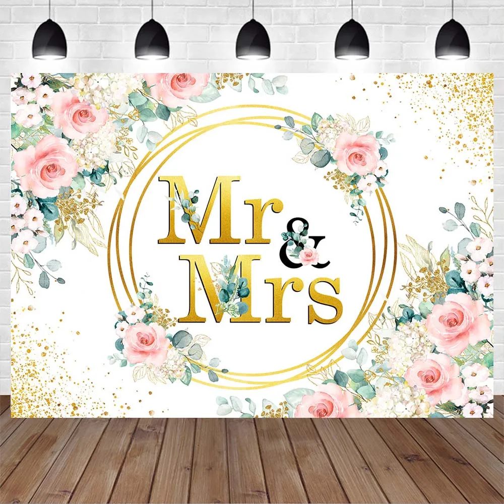 Mocsicka Mr & Mrs Photo Background for Wedding Ceremony Decor Bride and Groom Gold Circle Pink Flower Photography Backdrop Props