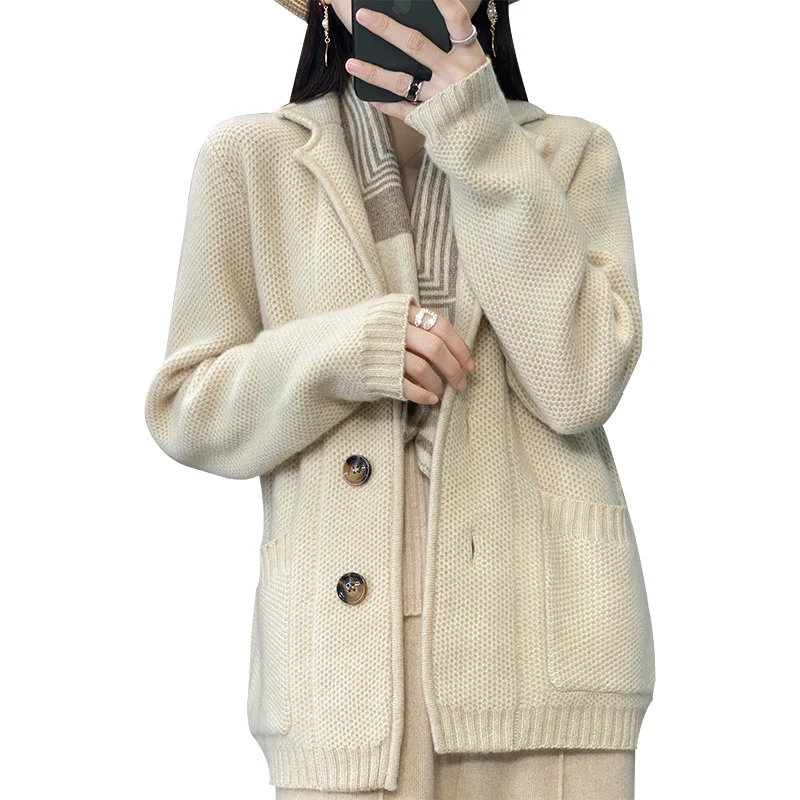 

Women's Cardigan 100% Merino Wool Sweater Solid Color Knitted Long Sleeve Pullover Autumn winter