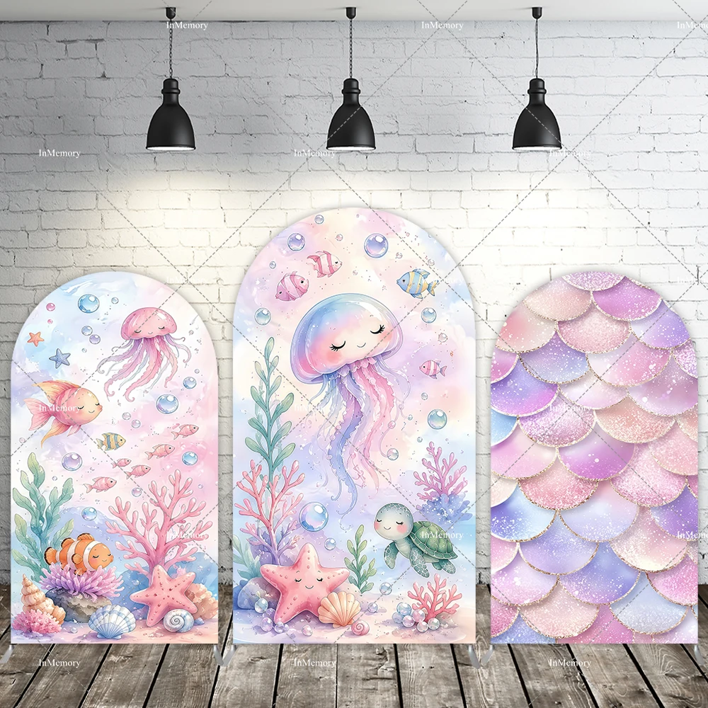 Custom Underwater World Newborn Baby Shower Arched Wall Banner Under The Sea Girl Mermaid Theme Birthday Arch Backdrop Cover