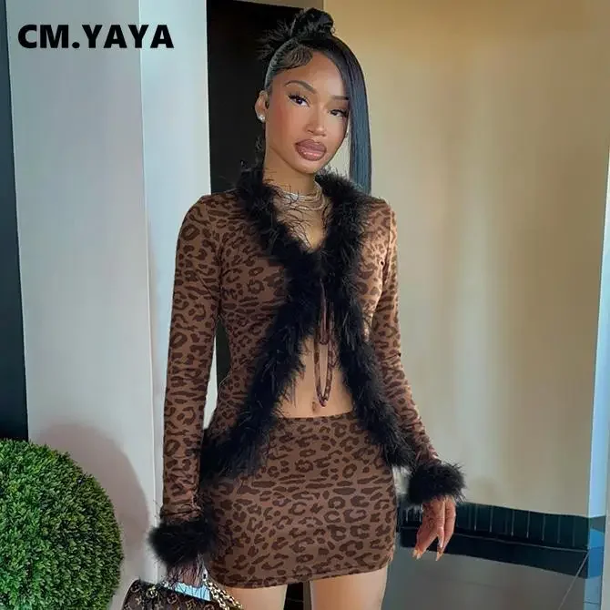 CM.YAYA Fashion Women's Set Feather Full Sleeve Leopard Print Top and Mini Skirt Suits 2024 Chic Winter Two 2 Piece Set Outfits