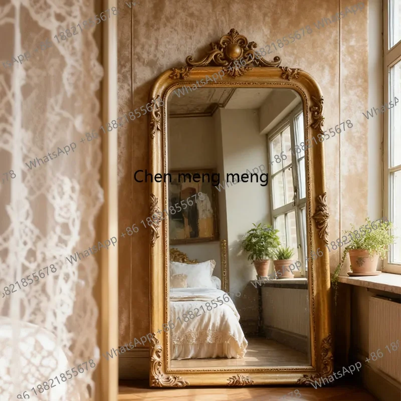 French light luxury carved full body mirror retro porch wall hanging diagonally against the wall European dressing floor mirrora