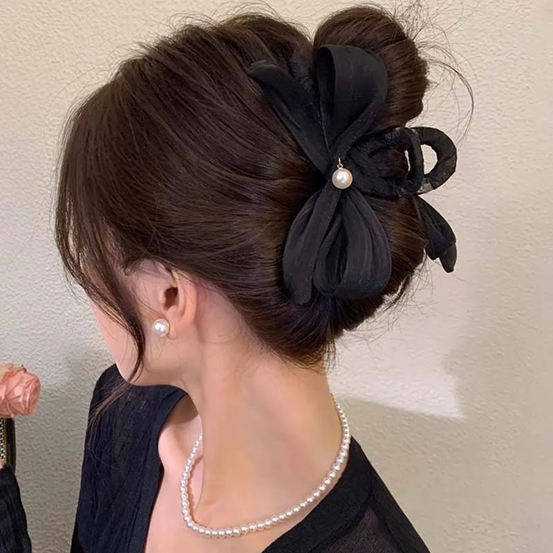 French Elegance Bow Hair Clip for Women Simple Pearl Hair Claw Clips Large Size Hairpin Korean Autumn Winter Hair Accessories