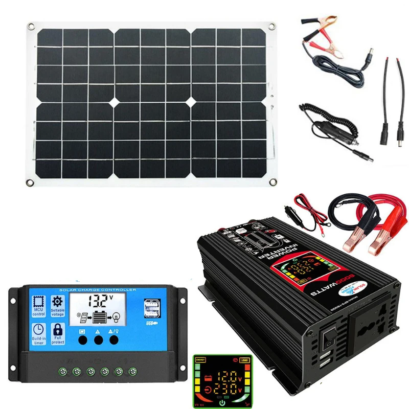 12V To 110V/220V 4000/6000W Solar Power System Set Solar Panel Controll Smart LCD Display Solar Inverter Dual USB for Car Phones