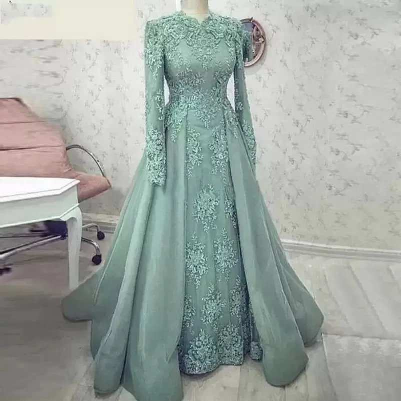 

Muslim A-Line Formal Evening Dresses Long Sleeve Appliques Lace Prom Party Gowns Arabic Dubai Robe Soiree Vestido De Festa