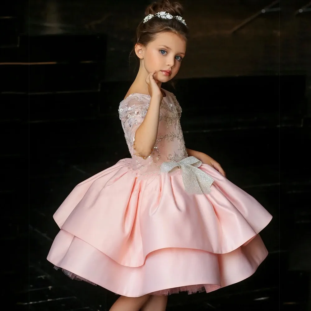 

Pink Satin Flower Girl Dress Lace Decoration Half Sleeve First Communion Dresses Child Birthday Party Dress