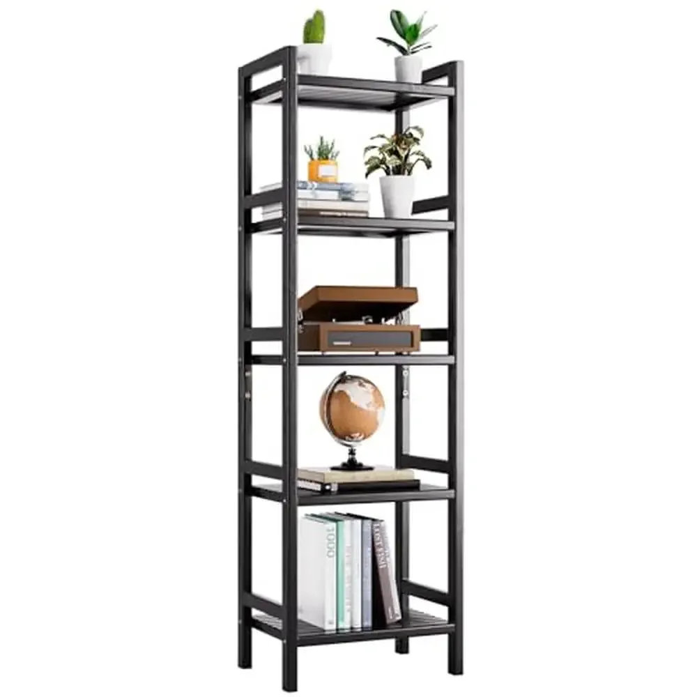 Narrow Bamboo Bookcase 5 Tier Adjustable Shelving Unit Living Room and Home Office