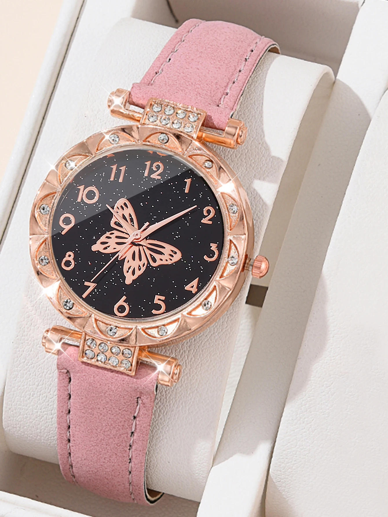 Casual fashion pink Big butterfly ladies quartz watch and pink butterfly alloy necklace set for daily wear